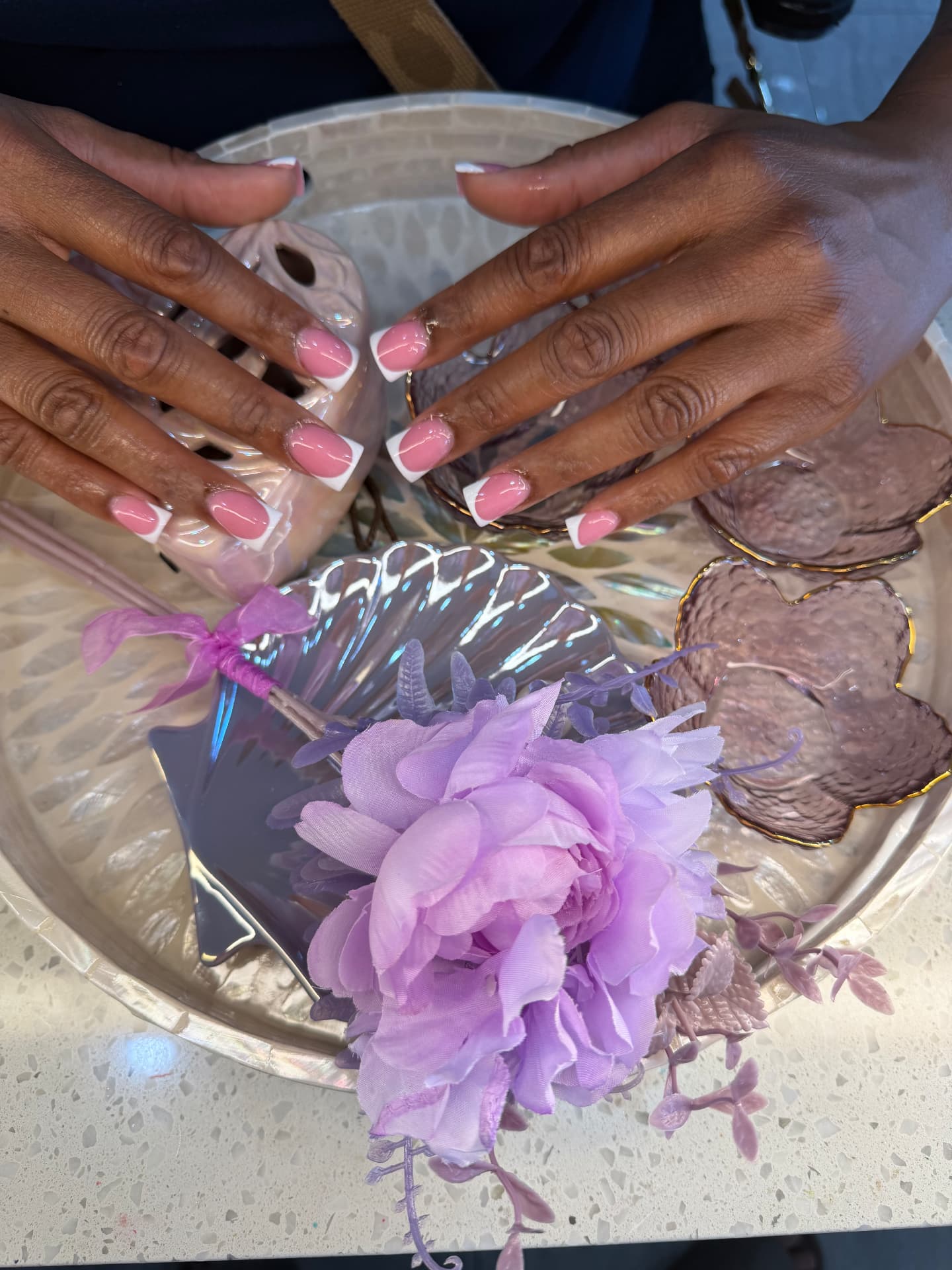 Pink and white French tip manicure